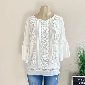 LOFT | White Crochet Lace Bell Sleeve Blouse Sz L